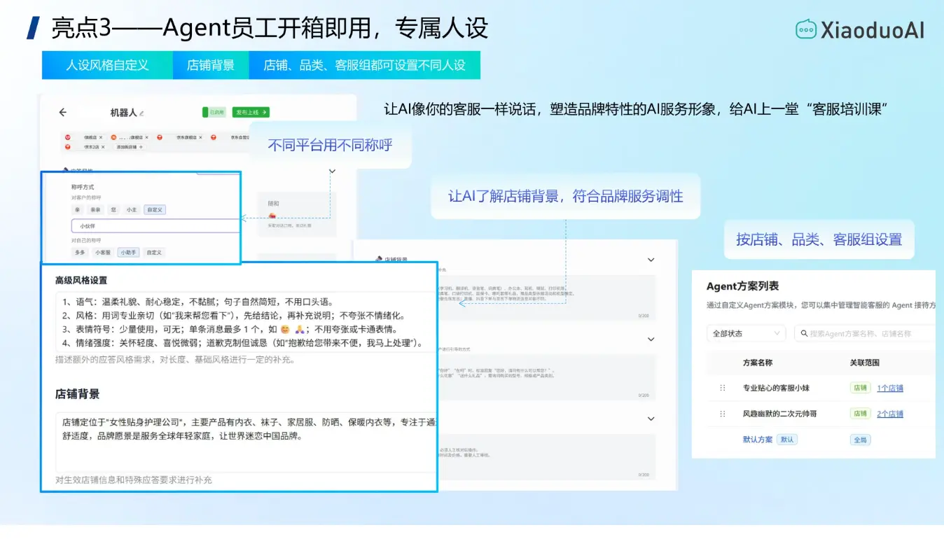 晓多语流Agent人设自定义功能 电商客服AI专属语气风格店铺背景配置界面